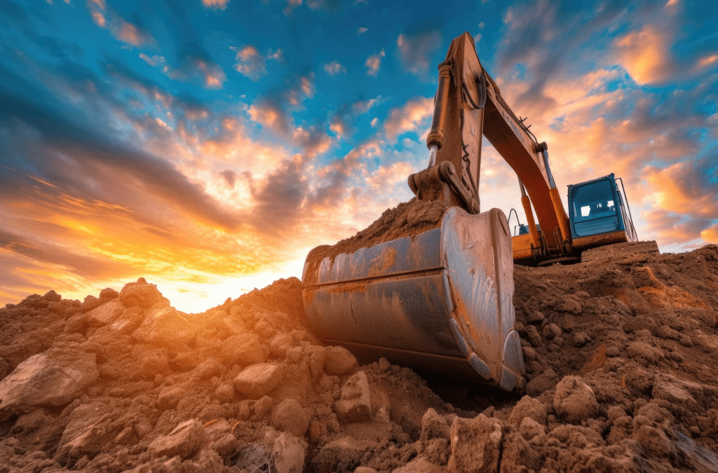 Grande escavadeira cavando terra em um local de mineração durante o pôr do sol.