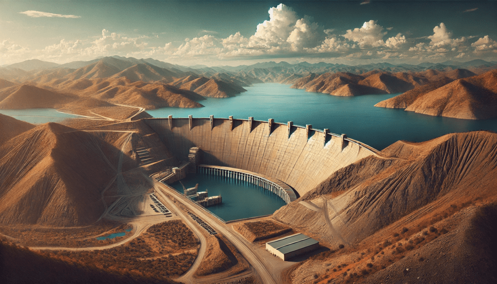 Barragem de mineração com montanhas ao fundo.