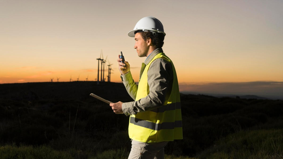 Trabalhador de mineração com capacete e colete refletivo usando rádio em campo, ao amanhecer, com turbinas eólicas ao fundo.