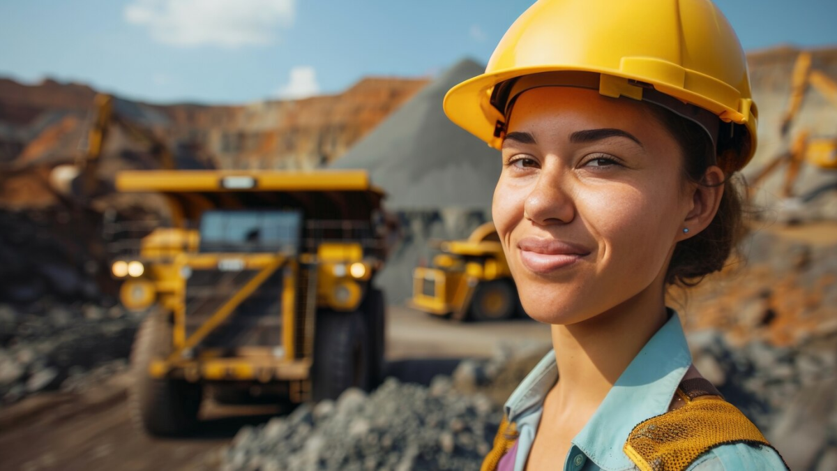 Trabalhadora com capacete amarelo em um canteiro de mineração.