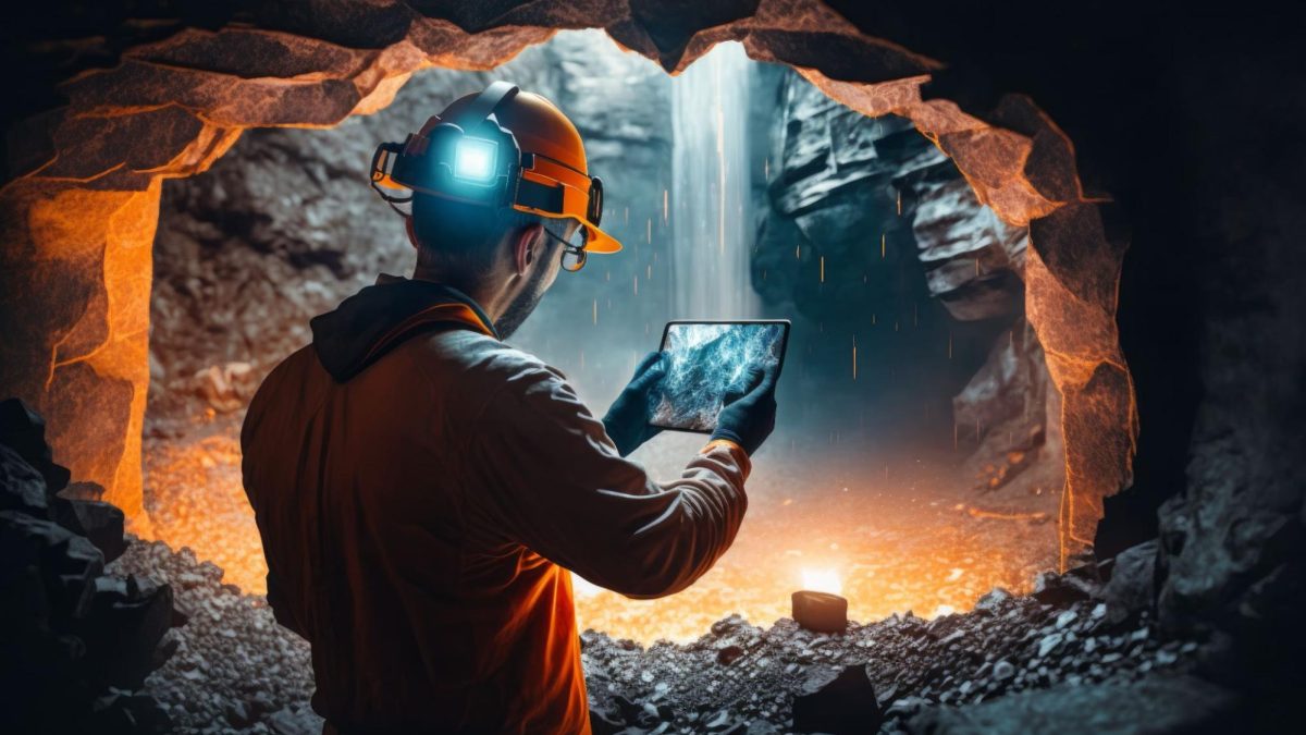 Trabalhador usando capacete e segurando um tablet em uma caverna iluminada.