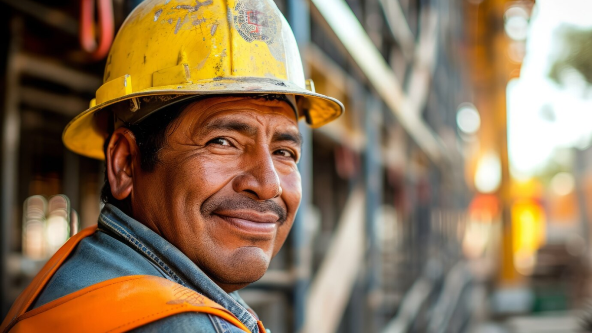 Trabalhador sorrindo com capacete amarelo no local de mineração